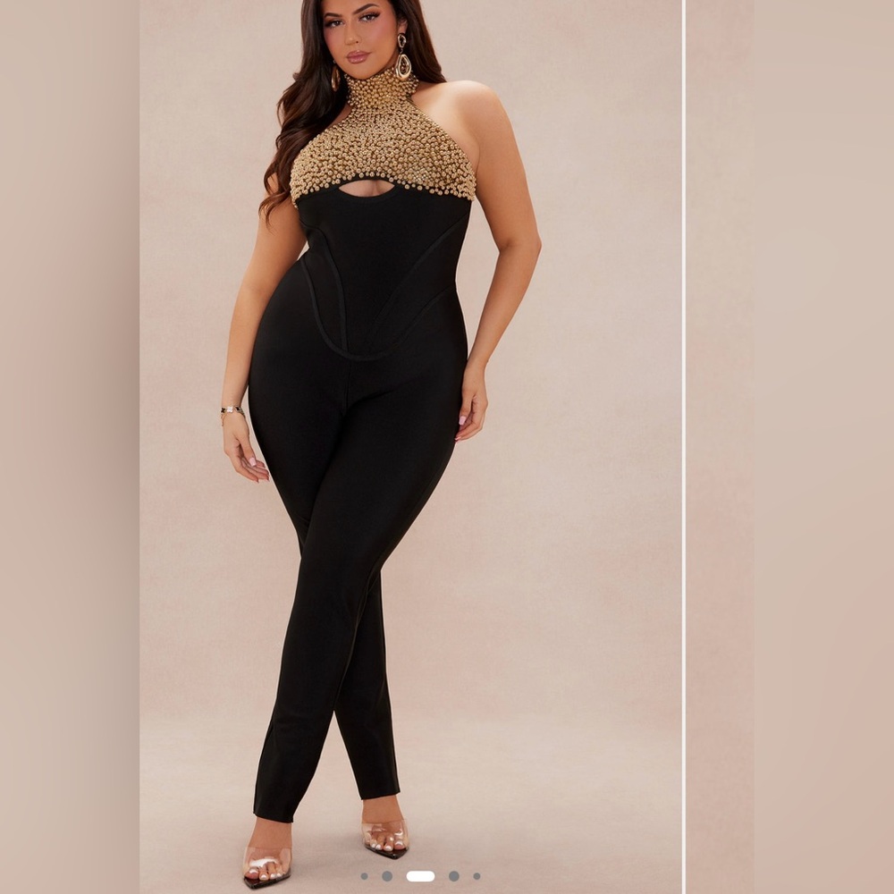 Fashion Nova Black and Gold Halter Jumpsuit